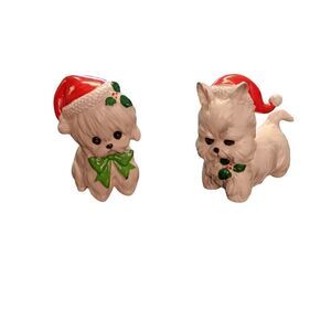 VTG Lefton Christmas 50s Santa Puppy Dogs Terrier Hat Ceramic Bow Red Green